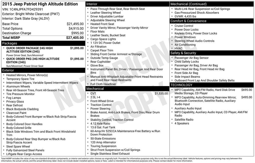2015 Jeep Patriot High Altitude Power Express Open/Close Sunroof