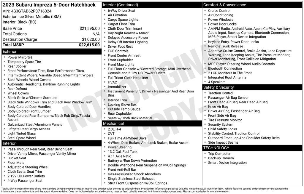 2023 Subaru Impreza Base Exterior Parking Camera Rear
