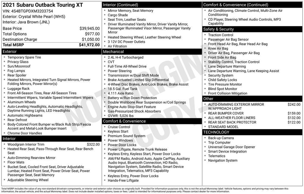 2021 Subaru Outback Touring XT Power moonroof & Navigation System