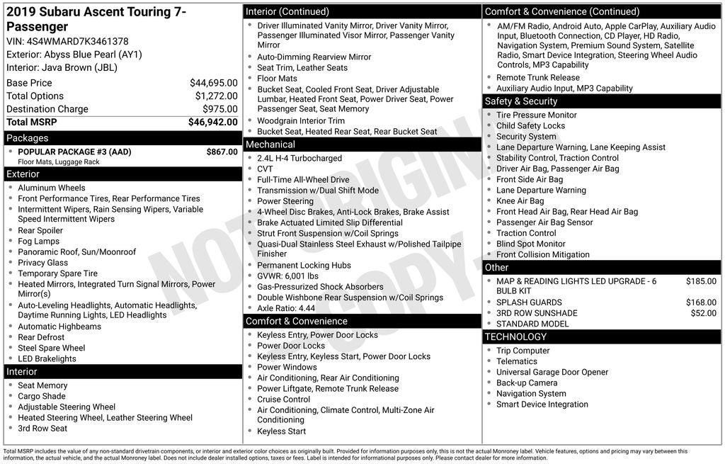 2019 Subaru Ascent Touring Navigation System & Power moonroof