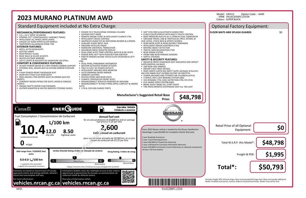 2023 Nissan Murano Platinum Power moonroof & Navigation System