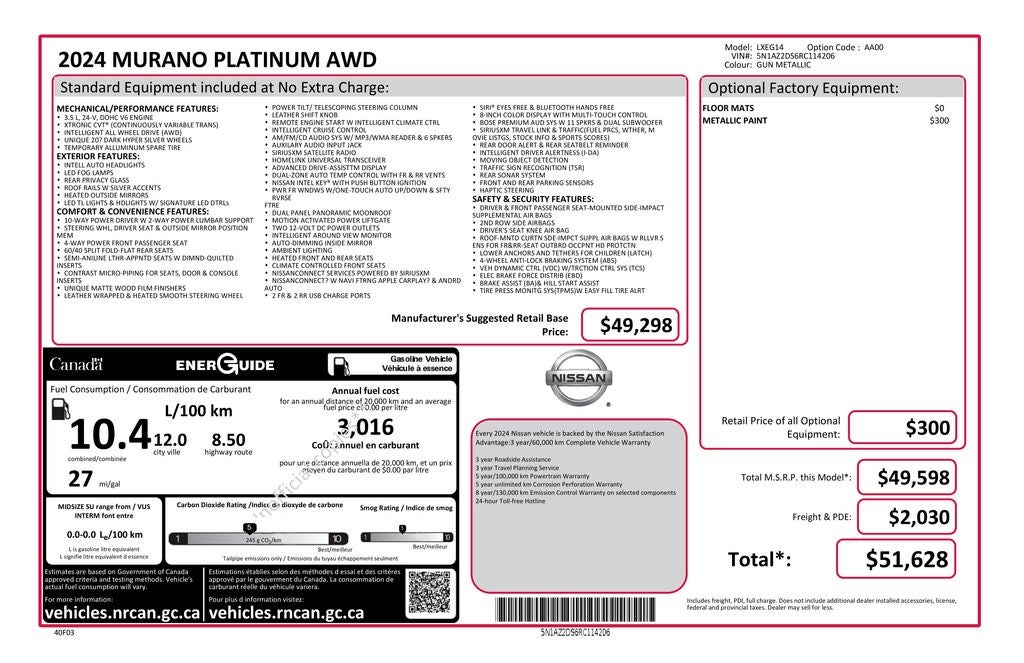 2024 Nissan Murano Platinum Power moonroof & Navigation System