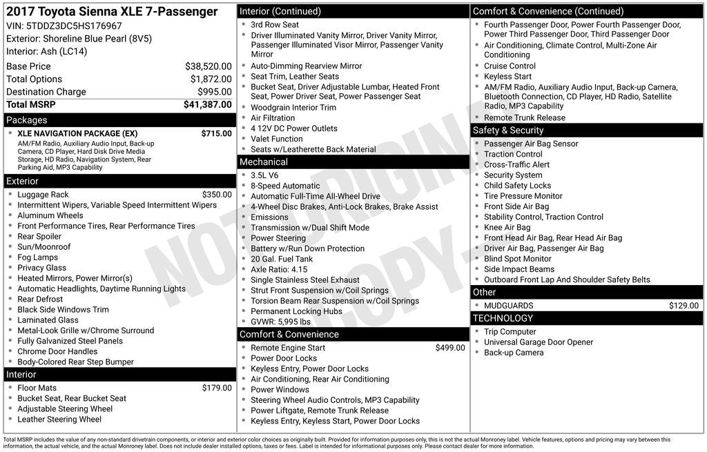 2017 Toyota Sienna XLE 7 Passenger