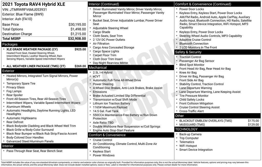 2021 Toyota RAV4 Hybrid XLE All Weather Liner Package