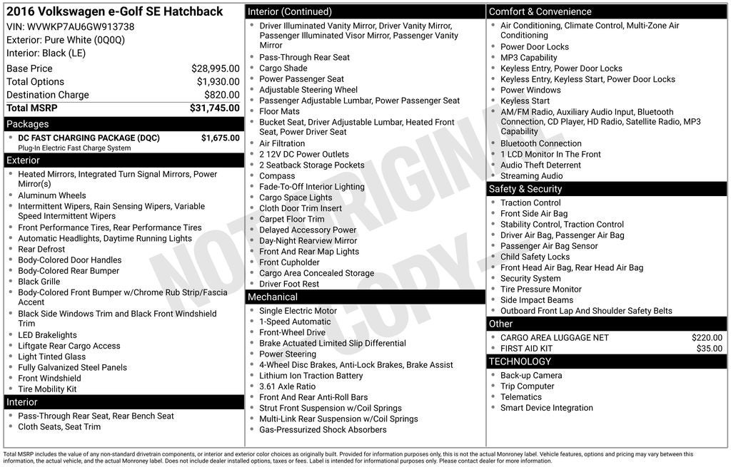 2016 Volkswagen e-Golf SE