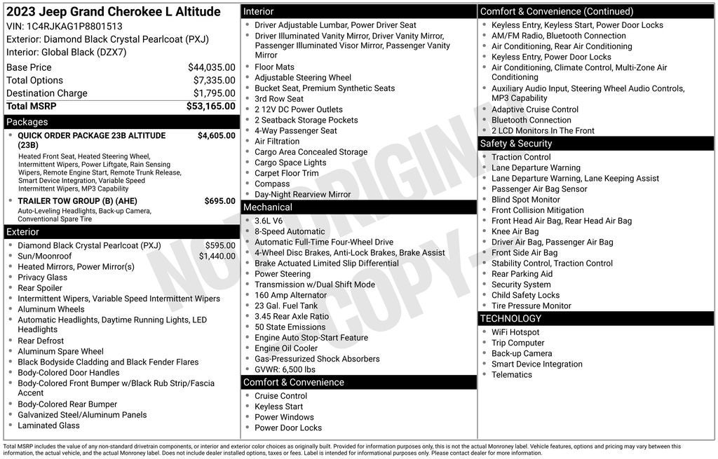 2023 Jeep Grand Cherokee L Altitude 4x4 Black Appearance Pkg Power Moonroof Rear Camer