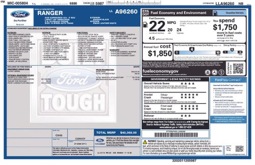 2020 Ford Ranger Lariat Crew Cab 4x4 Leather Nav Rear Camera