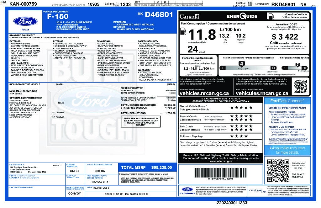 2024 Ford F-150 STX CREW CAB 4X4 NAVIGATION 20" WHEELS LANE DEPART TO