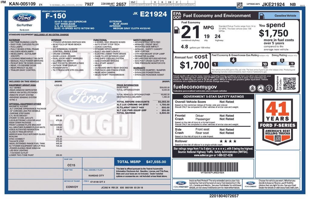 2018 Ford F-150 XLT 302A CREW CAB 4X4 CHROME PKG NAVIGATION