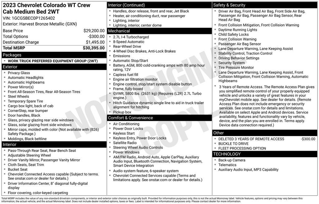 2023 Chevrolet Colorado Work Truck Crew Cab Rear Camera Safety Pkg Power Pkg