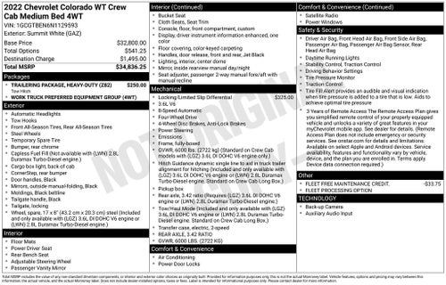 2022 Chevrolet Colorado Work Truck crew Cab 4x4 V6 Rear Camera