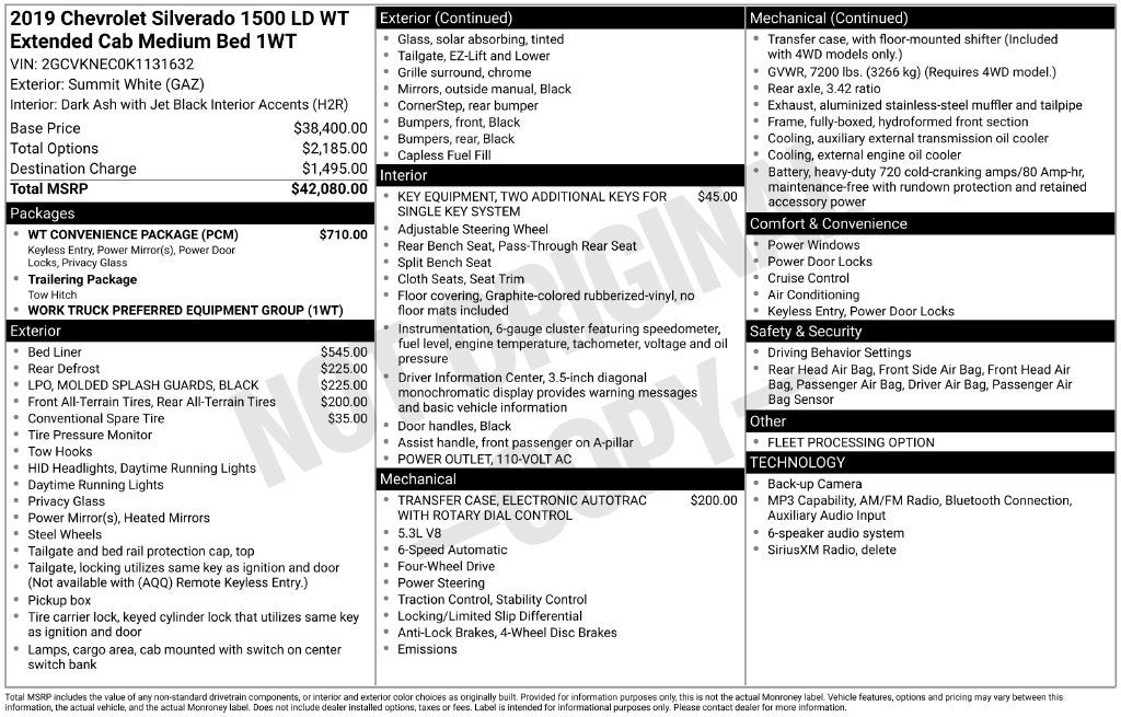 2019 Chevrolet Silverado 1500 LD WT Double Cab 4x4 V8 5.3 Liter Rear Topper