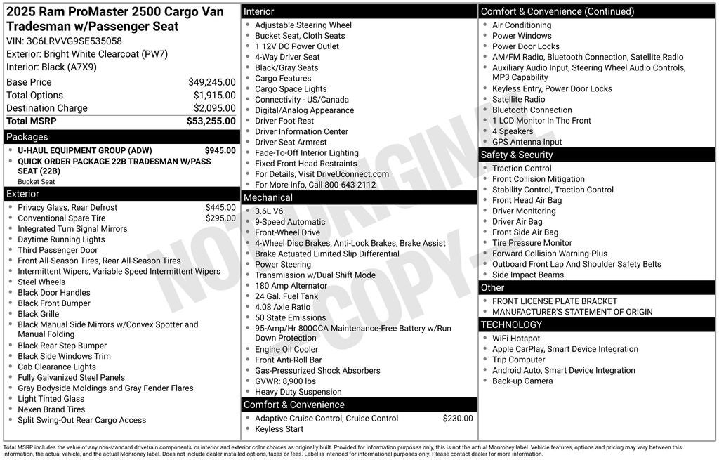 2025 RAM ProMaster 2500 Base 136" WHEEL BASE - LOW ROOF WORK VAN - REAR CAMER