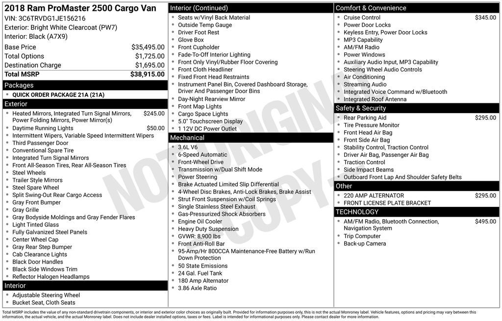 2018 RAM ProMaster 2500 High Roof High Roog Cargo Van 159" WB