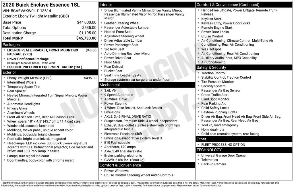 2020 Buick Enclave Essence AWD Heated Perforated Leather 3.6L V6 3rd Row P Li