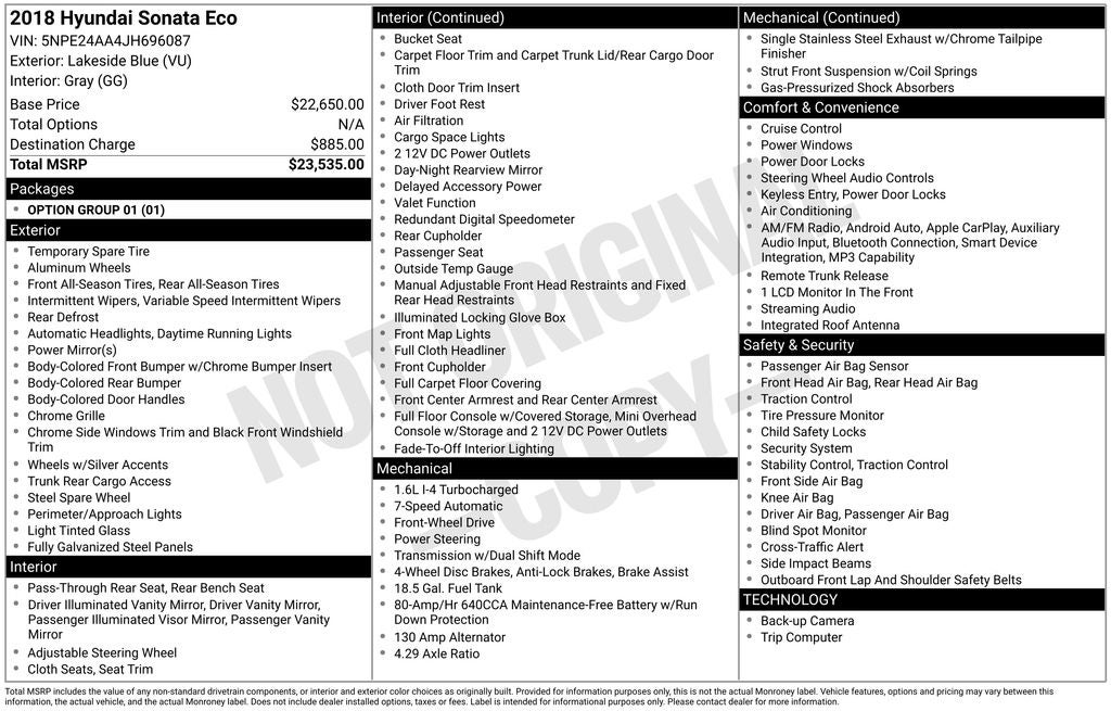 2018 Hyundai Sonata ECO APPLE CAR PLAY REAR CAMERA 1.6L DGI DOHC