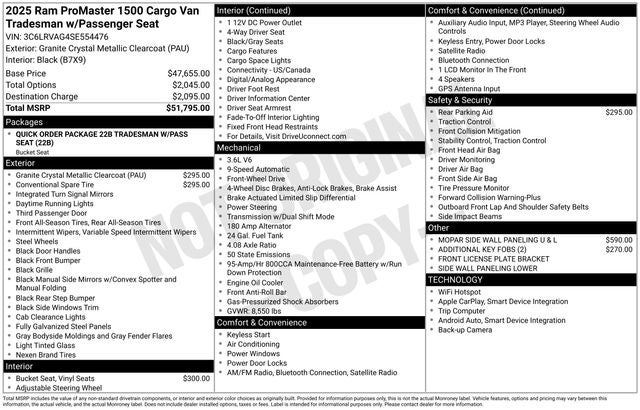 2025 RAM ProMaster 1500 Cargo Van Tradesman Low Roof 136' WB w/Pass Seat
